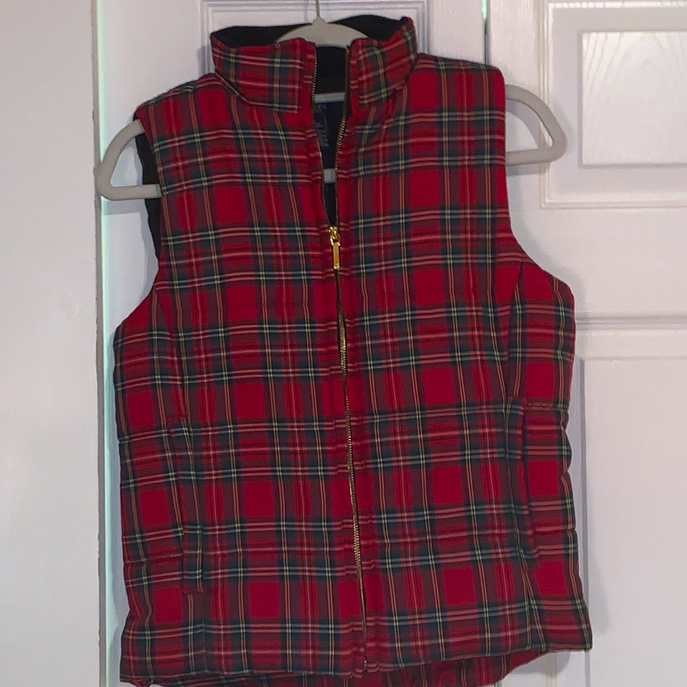 Chaps tartan plaid Christmas holiday vest gold zipper